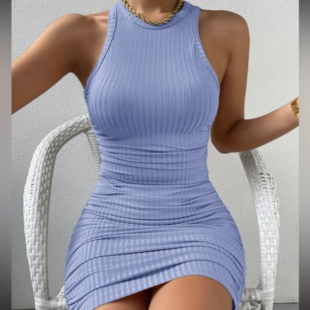 NWT, Lavishly Paris Women’s Baby Blue Ruched Midi Dress. - Picture 11 of 16
